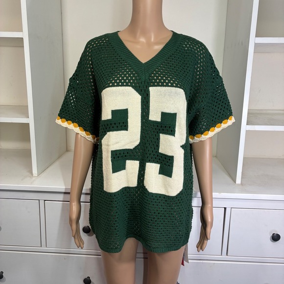 Cider Tops - CIDER Green Crochet Knit Jersey Style T Shirt Size M Number 23 Short Sleeve